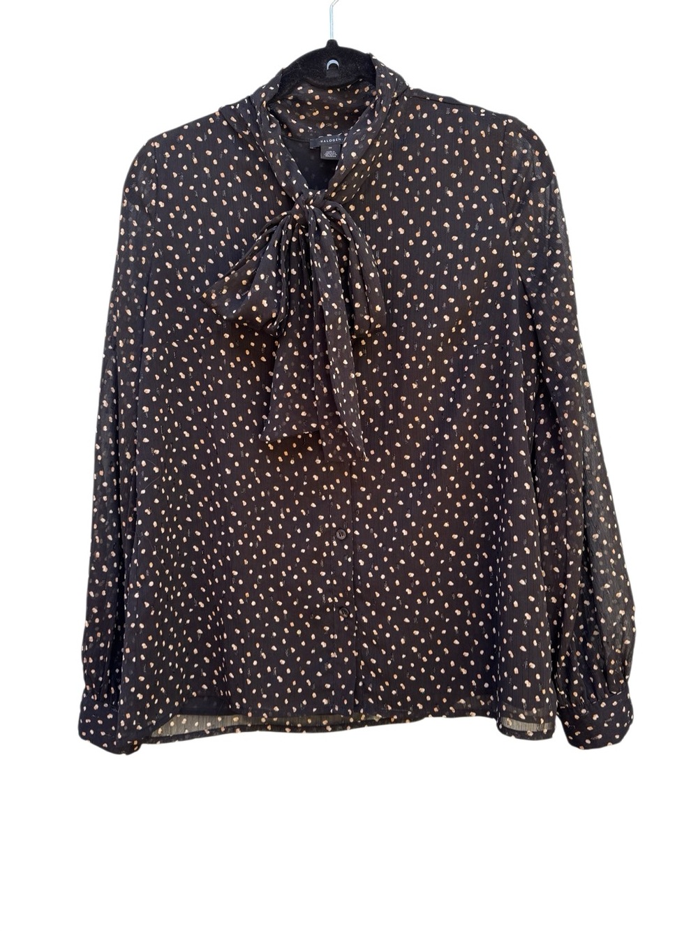 Halogen Women's Polka-dot Tie-neck Button Down Blouse Top Black & White Medium